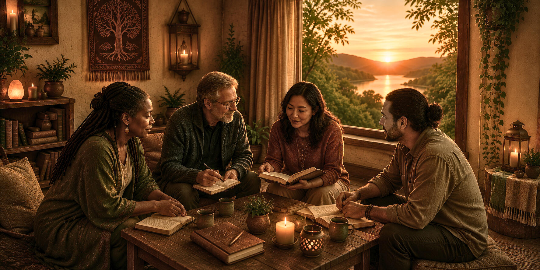 The Program A diverse group gathering in a warm, wood-accented room at sunset, reading from journals and sharing reflective conversation around a candlelit table.