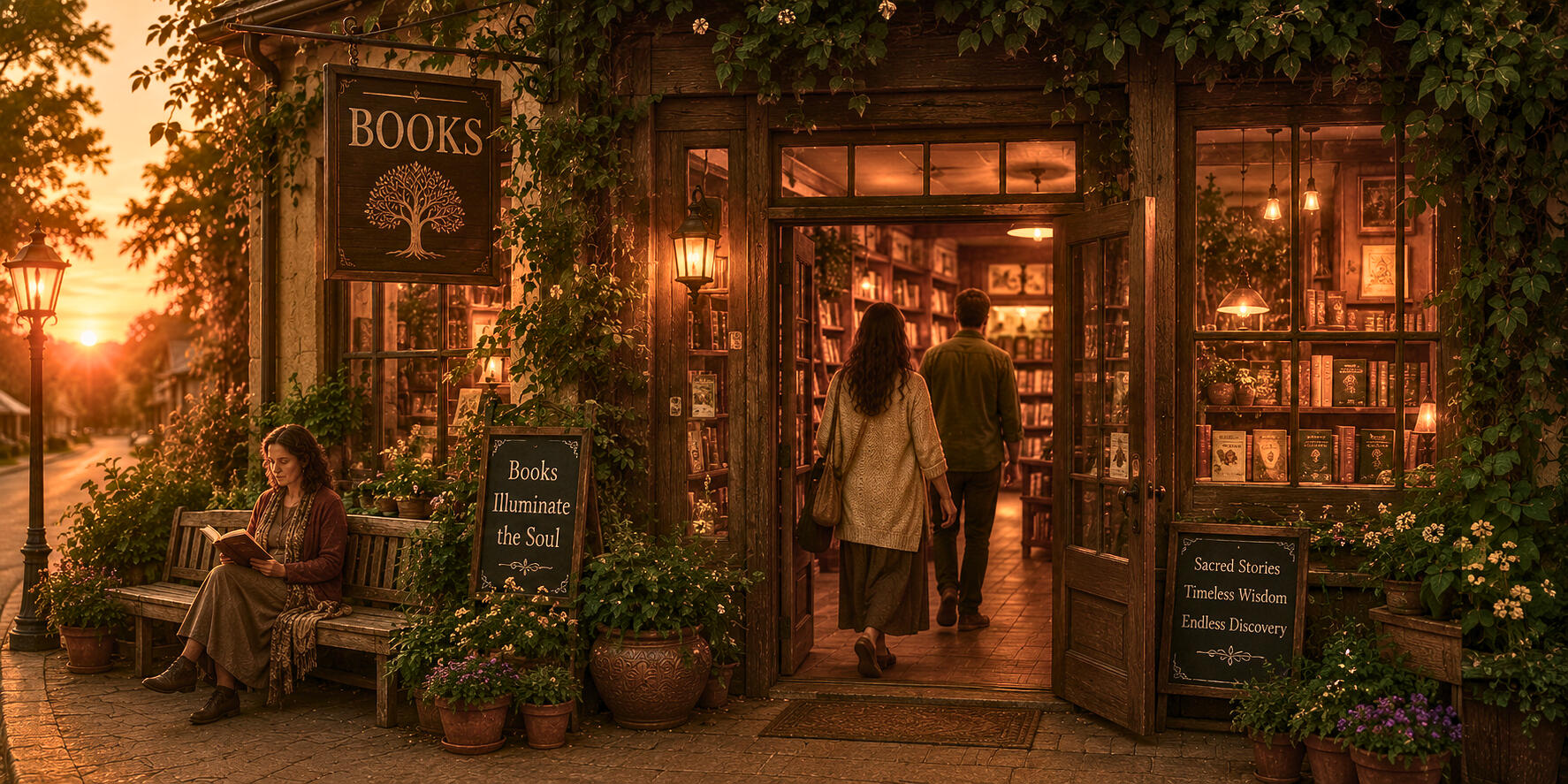 Sanctuary of Written Wisdom A warm, glowing bookstore at night filled with shelves of books, as two people step inside from a lush, green path.