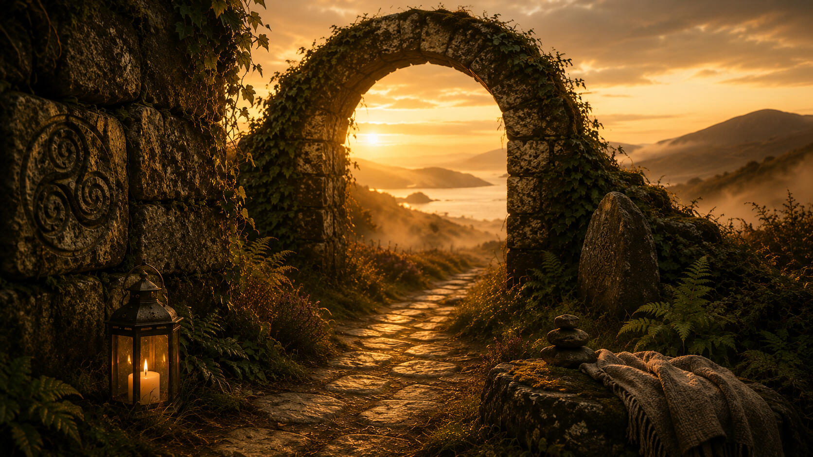 The Gateway to Thin Spaces A stone archway carved with a triple spiral symbol and lit by a small lantern, opening to a cobblestone path winding toward a misty valley bathed in warm sunset light.