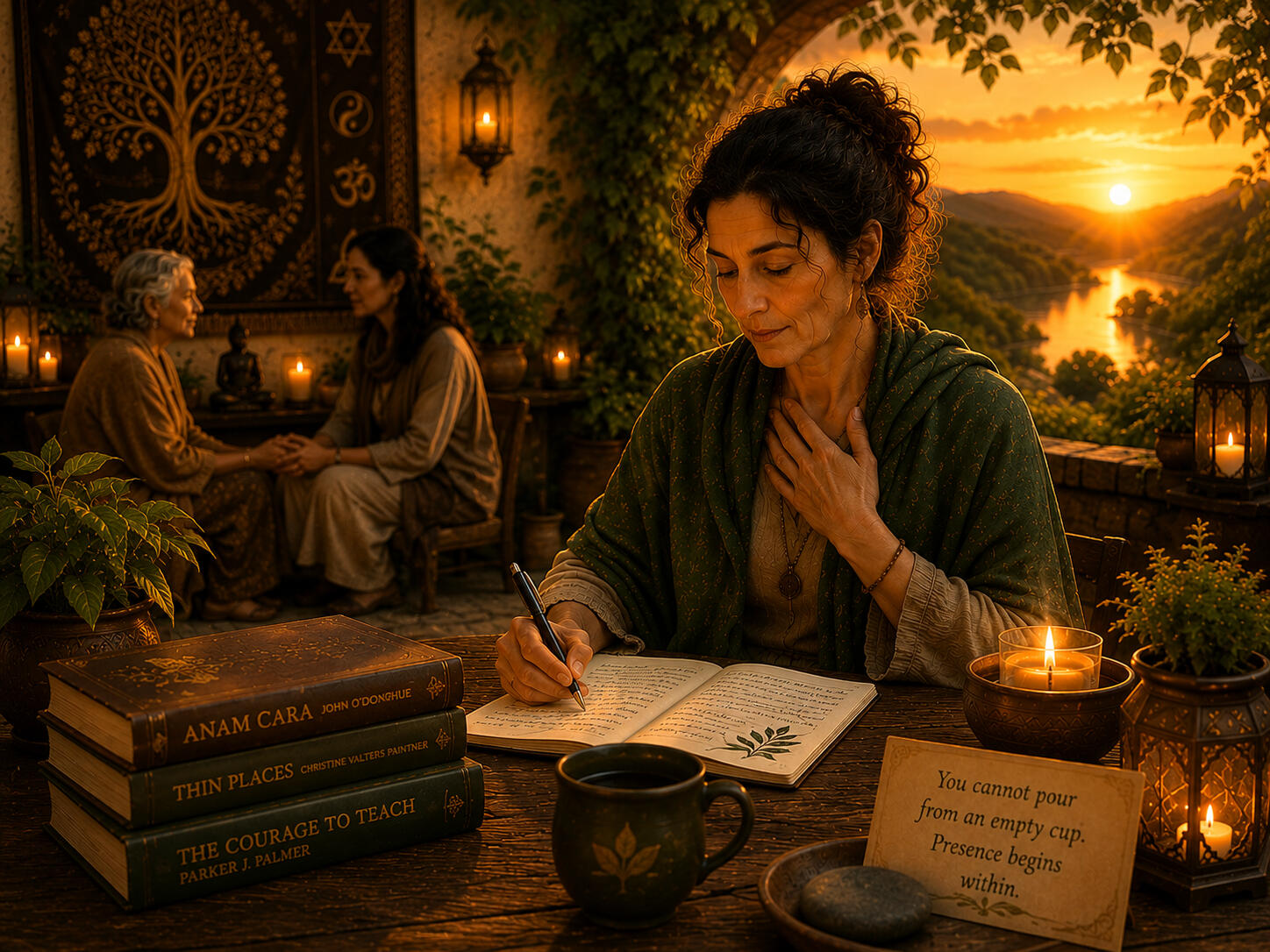 Sacred Space, Quiet Reflection In a warm, sanctuary-like space, a practitioner engages in journaling and quiet discernment. Surrounded by symbols of diverse traditions, sacred texts, and meaningful connection, this image captures the essence of deep spiritual companionship.